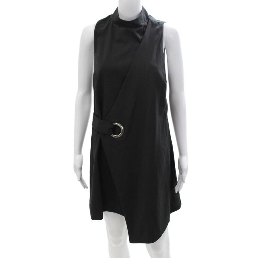 MPC Women Black Wrap Shift Dress Sleeveless Mock Neck Buckle Above Knee Size L